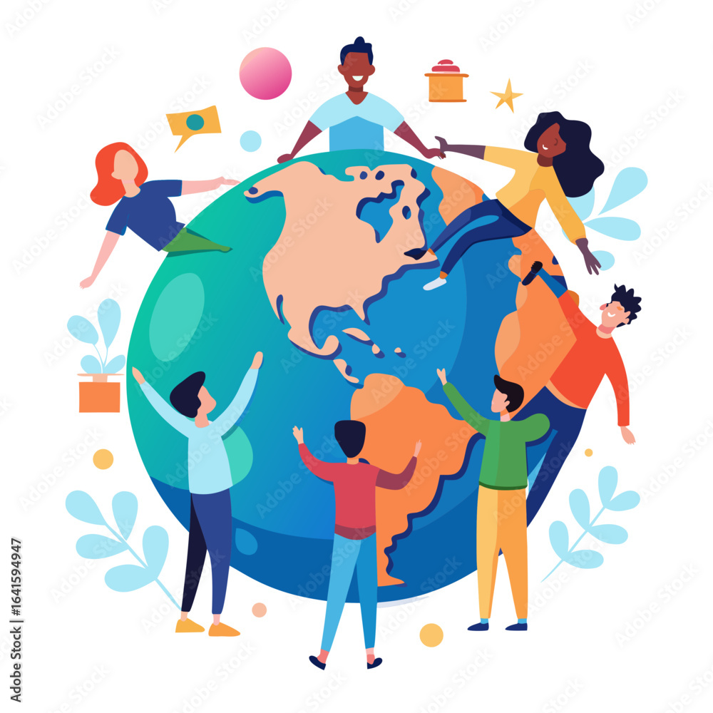 Fototapeta premium Globe with Diverse People Holding Hands – World Unity and Fraternity Vector