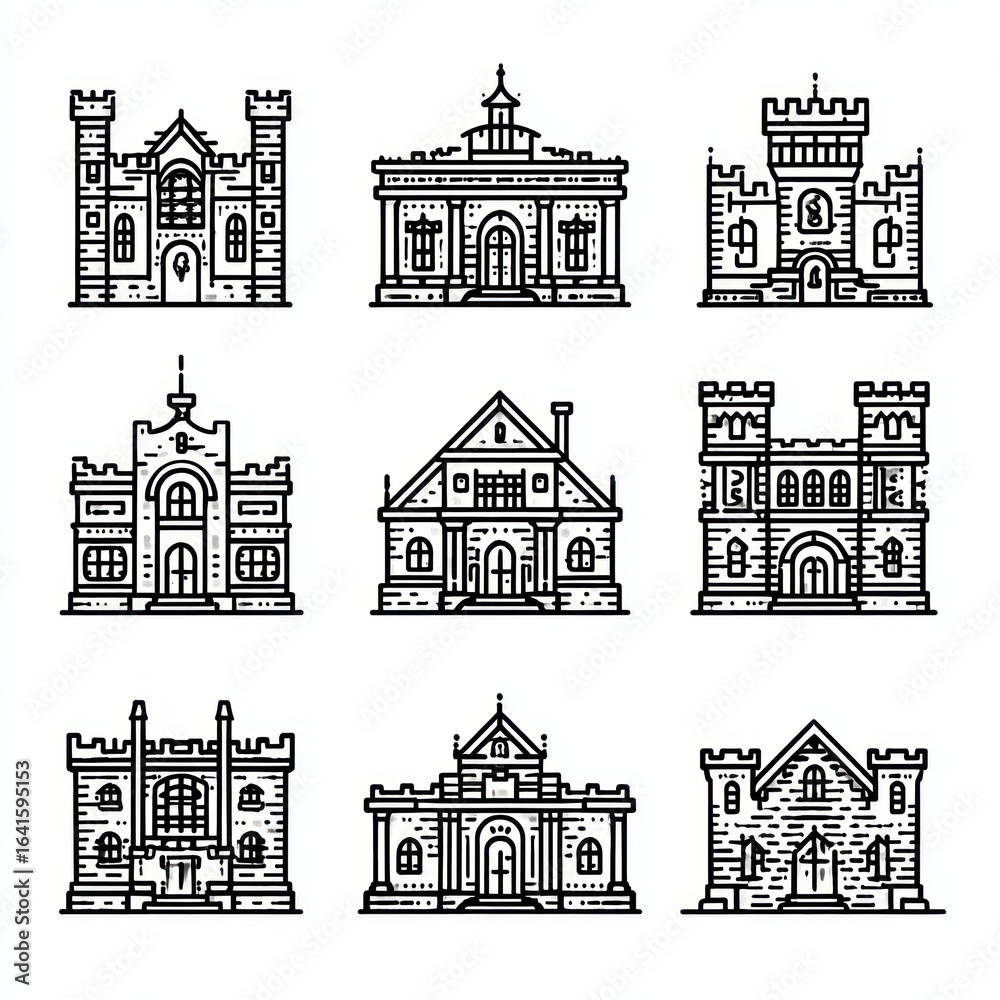 Obraz premium Architectural Icons: A collection of detailed building illustrations, offering a glimpse into various architectural styles and designs