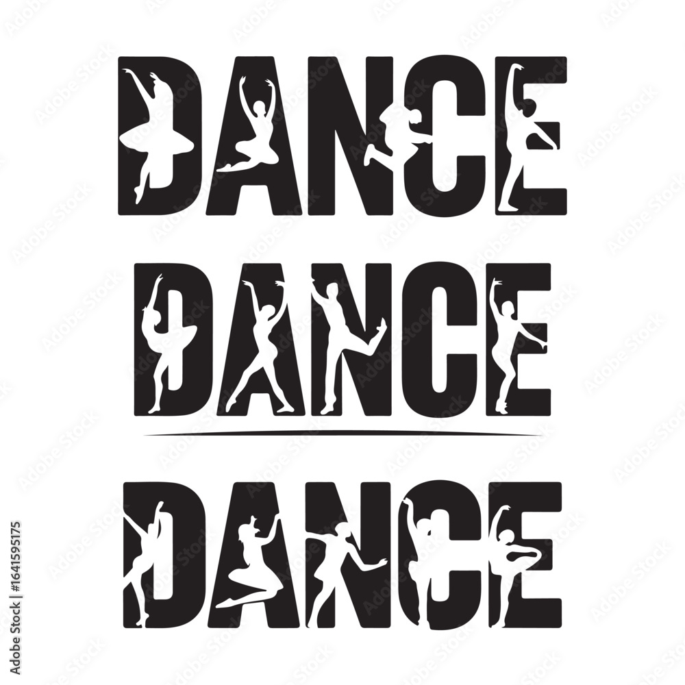 Dance text design with silhouette dancers in black and white Dance text design with silhouette dancers in black and white