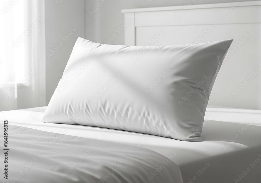 Obraz premium Plush Comfortable White Pillow Resting on a Clean Bed Next to a Sunlit Window