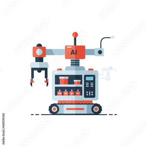 Robotic arm with bottles on a wheeled platform automated system.