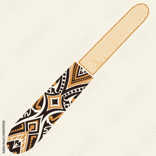 Decorated nail file tool with geometric patterns in brown black and beige.