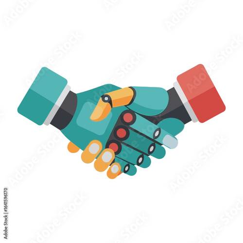 A human hand and a robotic hand shaking hands in agreement.
