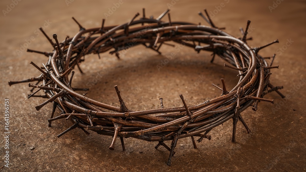 Fototapeta premium Thorny crown alongside stained nails resting on a textured brown backdrop with space for text. Detailed close view. Horizontal format.