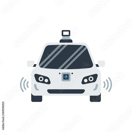 White autonomous car with sensors emitting waves illustration of driverless technology.
