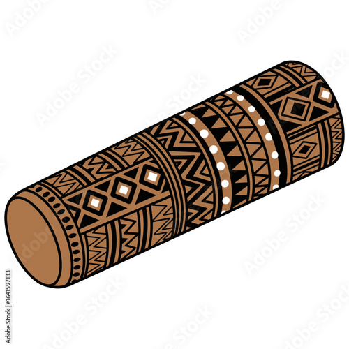 Brown cylinder with geometric tribal patterns and decorative bands around its surface.