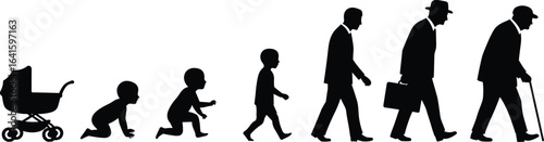 Human life cycle silhouette, from baby stroller to elderly man with cane, stages of growth, aging process, development, time progression, health