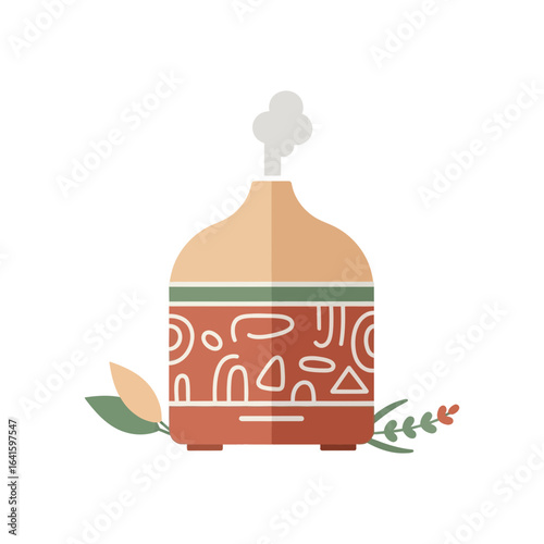 Aroma diffuser with steam surrounded by leaves and lavender sprigs.