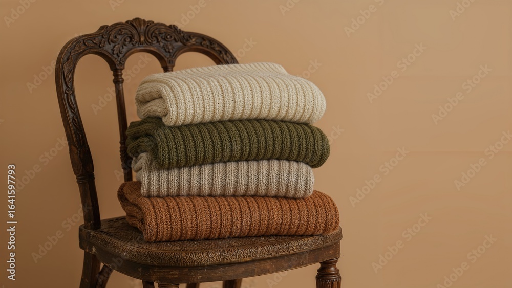Fototapeta premium Stack of snug sweaters and clothing on an old wooden seat