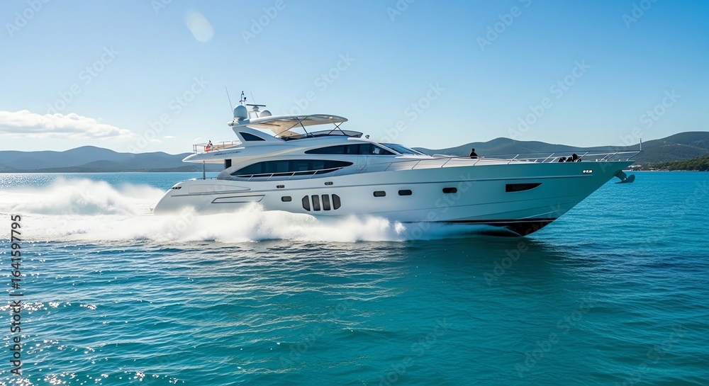 Naklejka premium Luxury yacht cruising on turquoise water with coastal mountains