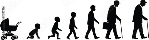 Human life stages silhouette, from baby stroller to elderly man, aging process, life cycle, growth, development, time progression, health, family