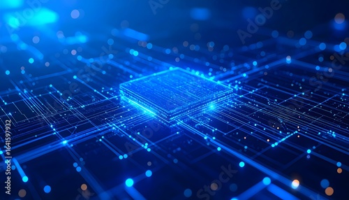 A central processor unit glows with blue light, illustrating the flow of digital information on a circuit board. Futuristic technology and AI concept.