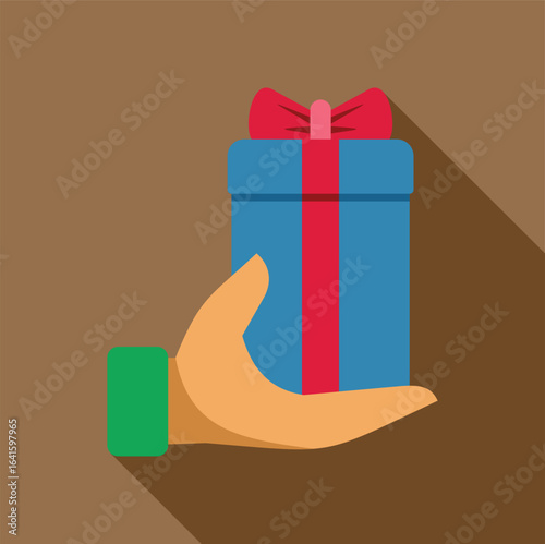 Hand offers a blue gift box with a red ribbon and bow, representing giving, receiving, celebrations, and special occasions
