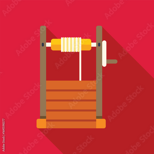 Wooden water well with crank and rope for lifting bucket, simple flat design with long shadow on red background