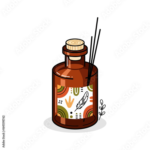 Brown bottle with decorative label and cork stopper with sticks inside.