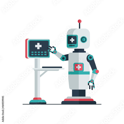 Robot touching a medical monitor with plus signs on its body and head.