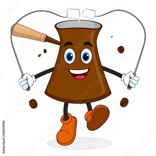A brown coffee pot cartoon character is jumping rope.  It has large eyes, a happy mouth, and orange boots.  Coffee beans are scattered around
