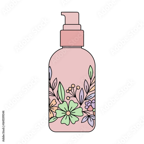 Pink bottle with pump dispenser decorated with floral elements and leaves illustration.
