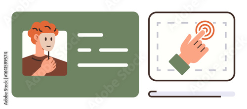 Identification card with photo alongside a hand tapping a touchscreen. Ideal for authentication, security, digital identity, technology, biometrics, user access, online verification. Engaging simple