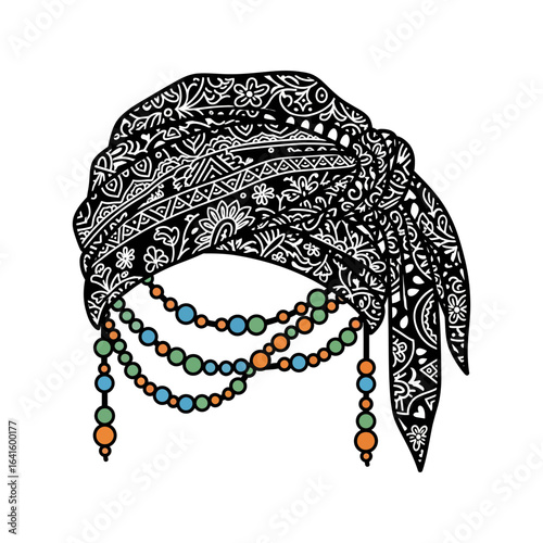 Intricate turban with beaded strands hanging down illustration.