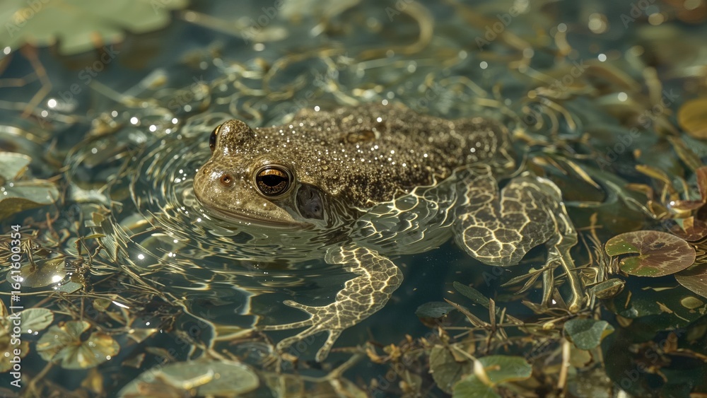 Obraz premium Toad Swimming in Clear Spring Water Seeking a Mate