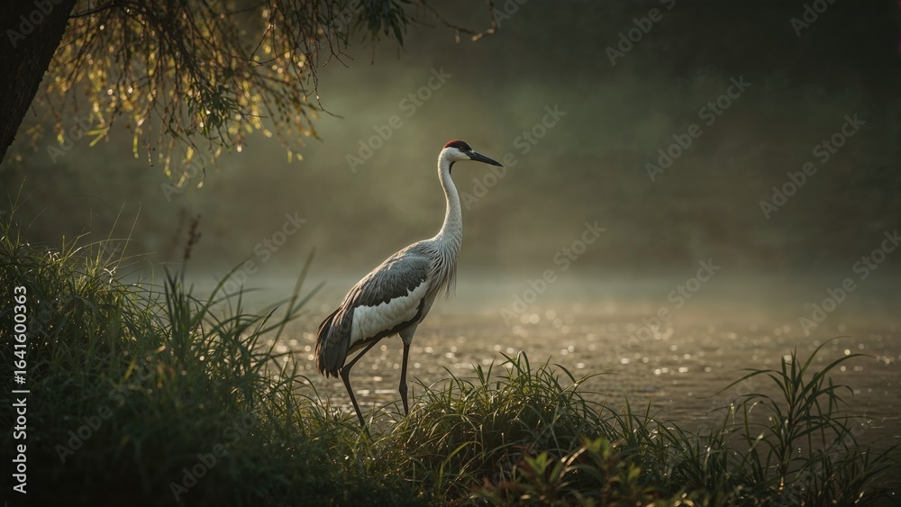 Fototapeta premium A solitary crane emerging through the morning fog