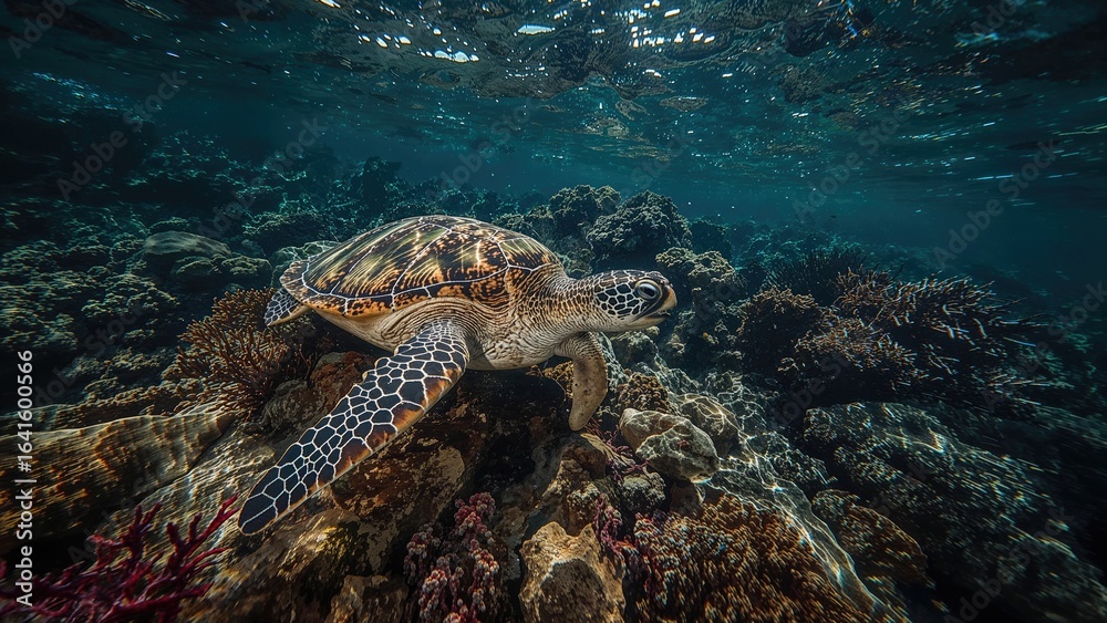 Naklejka premium Lively underwater painting with a complex sea animal design, shot below the water.
