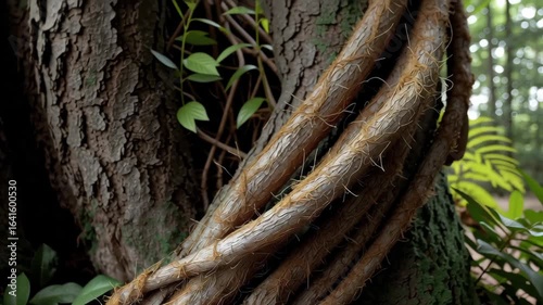 Tree root with rough bark and green leaf texture in natural outdoor environment showing natures calm and resilience among intertwined roots