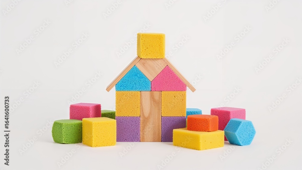 Fototapeta premium Vibrant foam construction bricks on a plain white backdrop