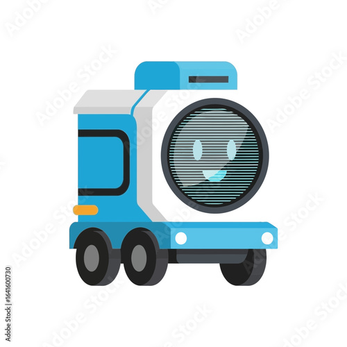 Blue and white autonomous delivery vehicle with a smiling face on its screen.