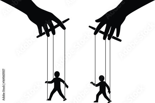 Puppet master concept, manipulation vector art, mind control illustration, marionette strings clipart, social control symbolism, power abuse image