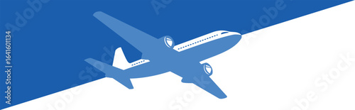 Plane flies upward, dividing sky into blue and white. Vector template for web page header