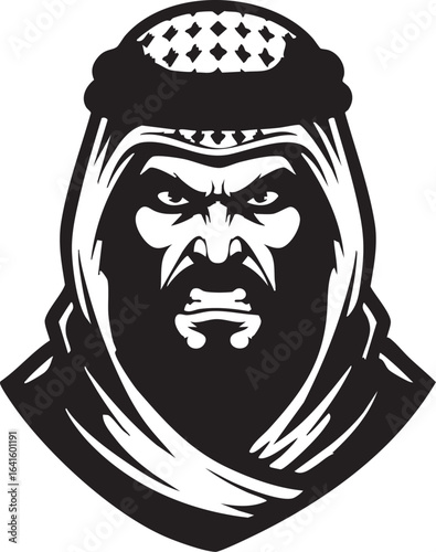 A black and white graphic illustration of a stern Arab man with a beard wearing a traditional keffiyeh headdress.