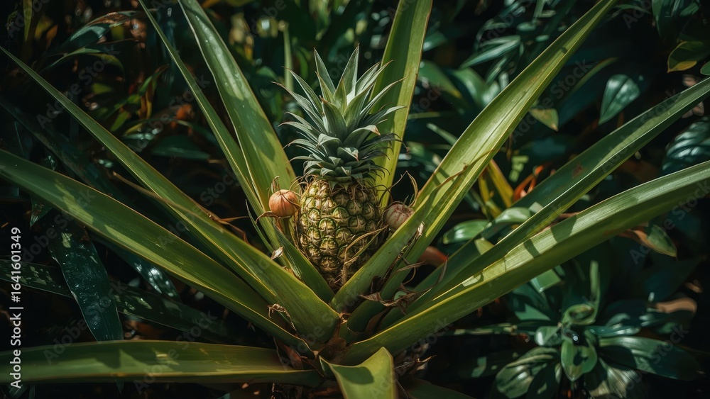 Fototapeta premium Colorful Tropical Fruit Display Featuring a Young Pineapple and Leafy Background