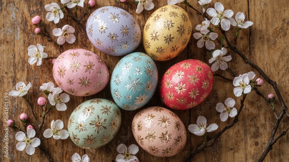 Obraz premium Assorted Easter eggs with lively spring flowers arranged on a wooden table