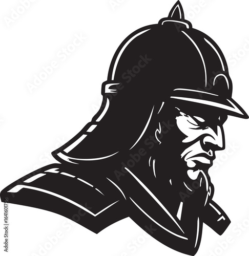A fierce bearded warrior in a historical helmet, shown in a black and white side profile illustration.