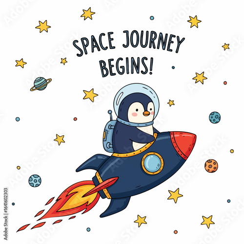 Whimsical Handdrawn Penguin Astronaut Riding Rocket in Space Illustration
