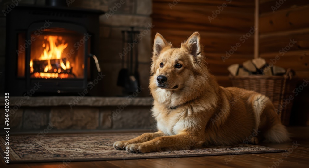 A golden dog lies on a rug in front of a cozy fireplace. The warm glow of the fire illuminates the wooden interior, creating a comfortable atmosphere. A golden dog lies on a rug in front of a cozy fireplace. The warm glow of the fire illuminates the wooden interior, creating a comfortable atmosphere.