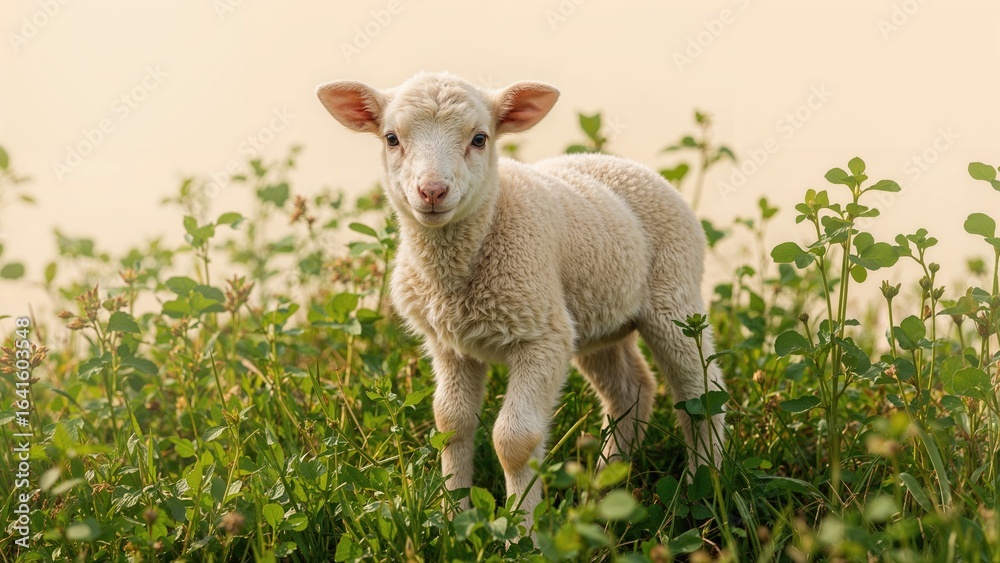 Fototapeta premium Close-up shot of a charming young sheep lamb in a clover meadow looking towards the lens