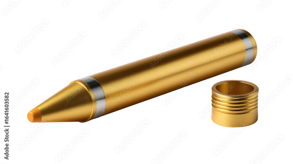Fototapeta premium Golden Stylus Precision: A close-up shot showcases a sleek, golden stylus pen alongside its accompanying cap, all against an uncluttered, clean background.