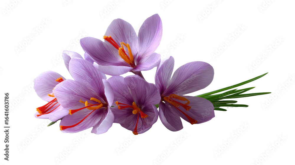 Obraz premium Delicate Saffron Blooms: Exquisite purple saffron flowers, with vibrant orange stigmas and subtle green stems, offer a glimpse of natural elegance and culinary potential.