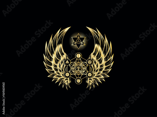 Golden winged symbol with intricate geometric patterns and celestial elements on a black background, evoking mystery and ancient wisdom.