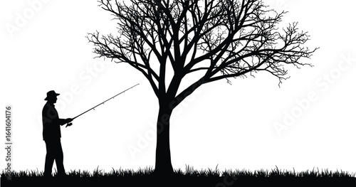 Silhouette of a man fishing with rod near a large tree, outdoor activity, peaceful nature scene, leisure, relaxation, hobby, solitude