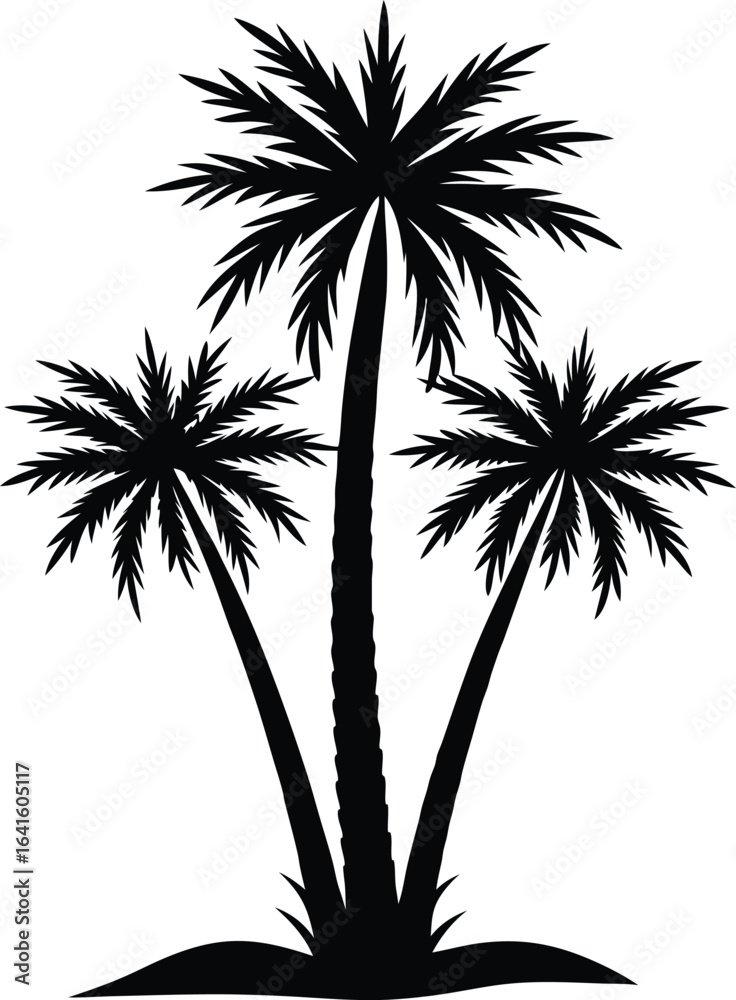 Fototapeta premium Black Silhouette of Tropical Palm Trees on White Background Graphic Design Element Summer Vacation Concept Exotic Destination Print Material