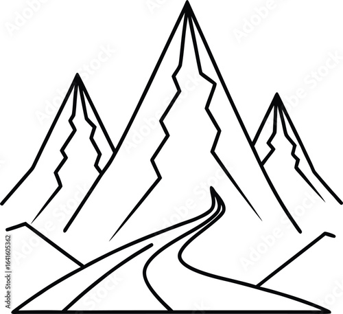 Simple Line Art Depicting a Mountain Landscape with Three Peaks and a Winding Road in a Minimalist Style