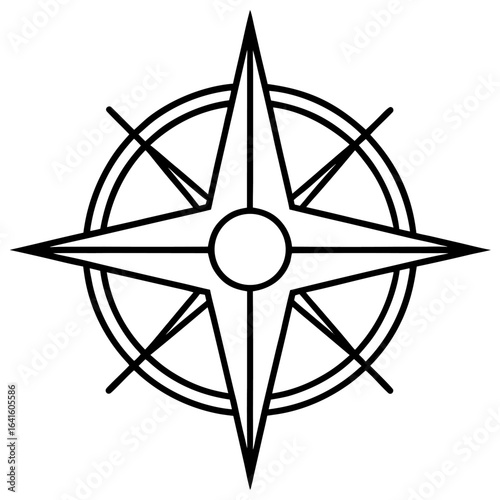 Compass rose with cardinal directions (N, S, E, W) and intermediate points in black and white. Represents navigation, direction, and exploration. icon line airt vactor outline Illustrations on white 
