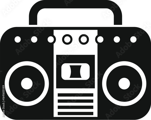 Black silhouette of a vintage boombox playing a cassette tape, featuring a handle, speakers, and buttons