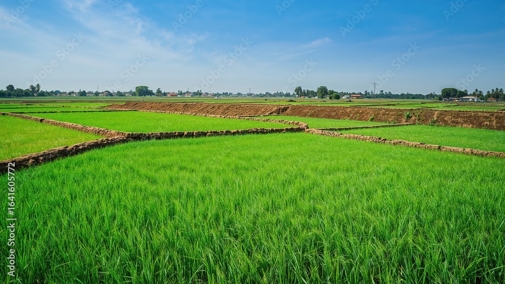 Fototapeta premium Intimate Look at Flourishing Rice Crops Across Sectioned Farmland