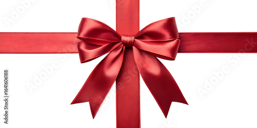 vibrant red satin bow, elegantly tied and resting atop equally vibrant red ribbons, presented against a transparent background. 
