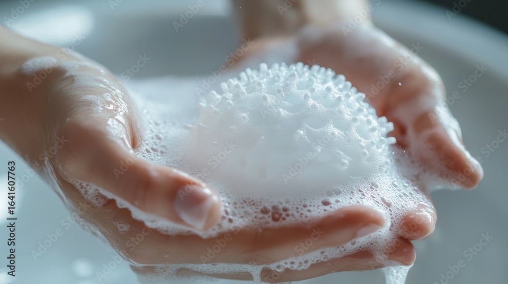 Fototapeta premium A pair of hands holds a foamy, textured sphere, surrounded by bubbles, suggesting a focus on skincare or hygiene.